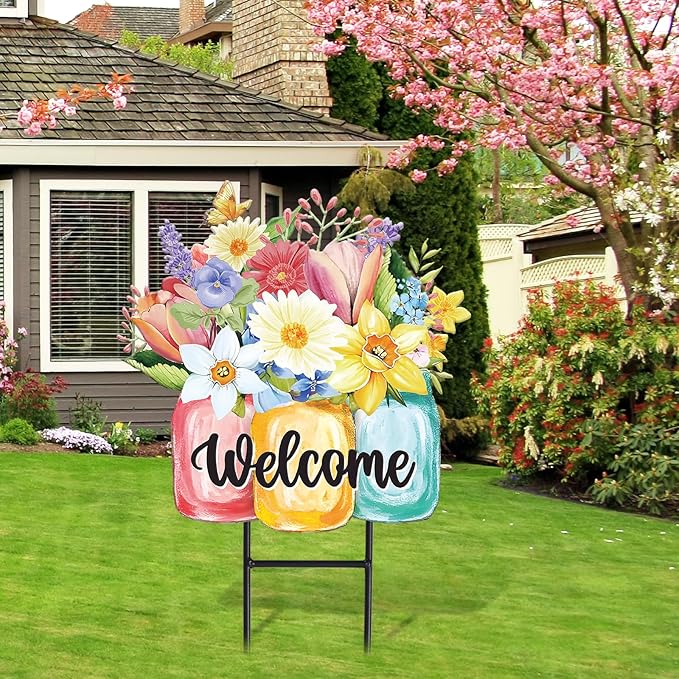 JarThenaAMCS Spring Flower Metal Garden Stakes Colorful Floral Vase Decorative Lawn Sign Welcome Yard Sign for Home Outside Lawn Porch Walkway Decor