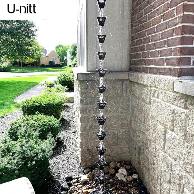 U-nitt Rain Chain Water Collection for Gutters Rainwater Catcher & Diverter, 8.5 FT Chains for Outside Garden, Black Square Cups, Roof Downspout, Works with Heavy Rain, w/ Gutter Clip for Rainchains