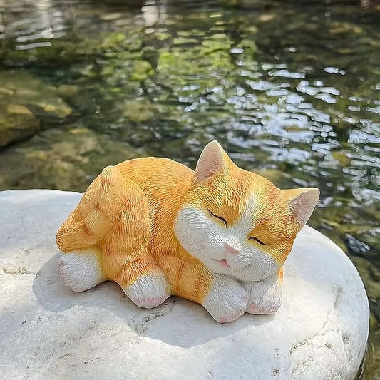 Sleeping Orange Tabby Garden Statue - Resin Realistic Mini Cat Sculpture, Pet Loss Memorial Stone, for Cat Lovers, Indoor/Outdoor Decor, Animal Figurine for Yard Ornaments