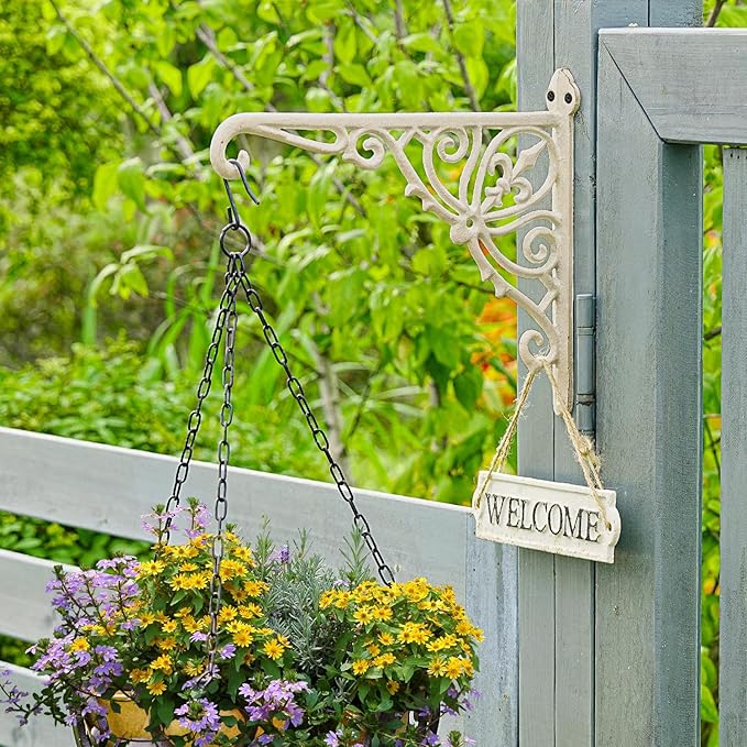 Sungmor Decorative Cast Iron Wall Bracket for Hanging Baskets – 2 Pack Heavy Duty Plant Hanger Hook for Outdoor/Indoor Use – Vintage White Metal Hanging Bracket for Lanterns, Bird Feeders, Signs