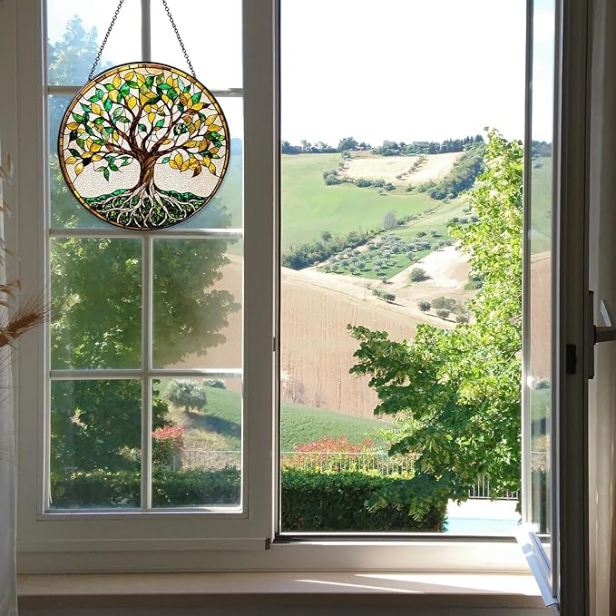 Tree of Life Stained Glass Window Hanging World Tree Sun Catcher Gifts for Women Handmade Suncatchers Decoration for Garden Home Windows Hanging Protection Charm, 7.87inch