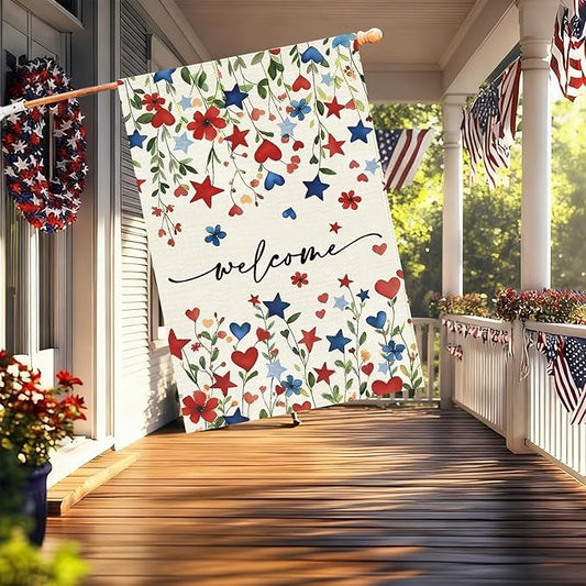 Baccessor Patriotic 4th of July House Flag 28x40 Inch Double Sided Burlap,Memorial Day Welcome American Red and Blue Flower Large Flag Summer Holiday Porch Patio Seasonal Outdoor Outside Decoration
