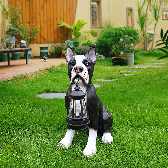 Adorable Boston Terrier Dog Sculpture with Solar Lantern & Double-Sided 'On Patrol' and 'Welcome' Signposts – Playful Outdoor Resin Statue for Garden, Yard, Patio