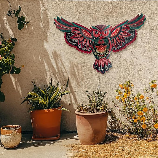 LIFFY Boho Metal Owl Wall Decor - Unique Outdoor Wall Art Decoration - 15" Glass Hanging Wall Owl Decor Brighten Up Patio, Porch or Door, Garden Decoration, Birthday Gift Ideas
