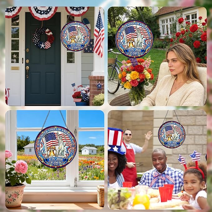 Rngmsi 250th Anniversary Stained Glass Window Hanging, 7.8″ Patriotic Sun Catchers with Hook Indoor Window Decor Gift, 4th of July Sun Catchers Ornaments Home Garden Art for Women Men