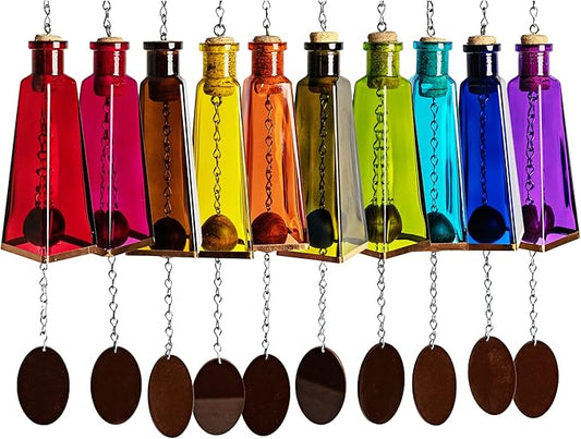 Blue Ridge Mountain Gifts Pyramid Bottle Wind Chime for Garden & Porch Decor w/Cooper Accent, Stained Wooden Ball, & Colorful Glass Bottles - Ideal for Wind Chime Lovers (Aqua Blue, Lime, Clear)