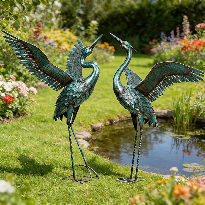 chisheen Garden Statue Outdoor Metal Heron Crane Yard Art Sculpture for Lawn Patio Backyard Decoration,46 inch (2-Pack) (Blue&Black)