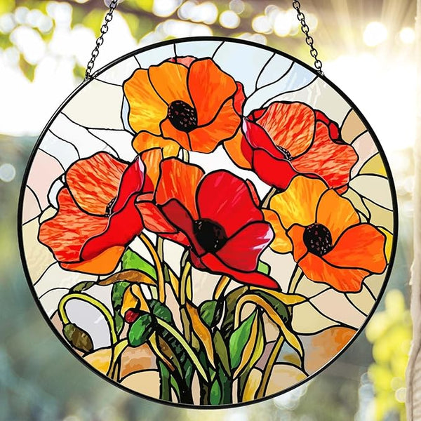 California Poppy Stained Glass Window Hanging 7.8'' – Sun Catcher Indoor Window Decor, Glass Suncatcher for Windows, Flower Hanging Ornament, for Mom Grandma Women Seniors