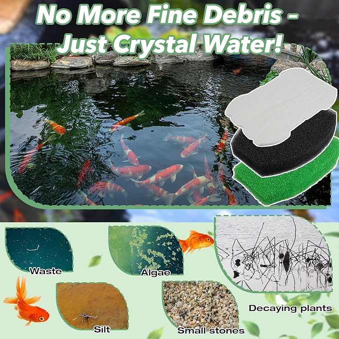 3-in-1 Set 5-in-1 600 & 6-in-1 900 Pond Filter Pads (8 Polymer Wool Cartridge, 1 Coarse Foam & 1 Medium Foam) Compatible with Inpond, Pond Filter Media for Outdoor Ponds