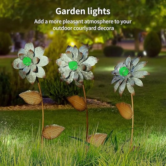 Garden Stakes Decorative, Metal Flowers for Outside, Glow in Dark Yard Lawn Ornaments Plant Pot Flower Bed Decor, Patio, Set of 3, Gold Flower