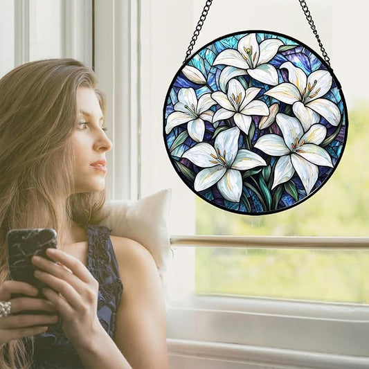 Stained Glass Window Hanging - White Lily Flowers Suncatcher for Door Terrace Garden Home Decor Blue Purple Sun Catcher Birthday Gifts for Lovers Women Men Dad Mom Nana 6.3 in