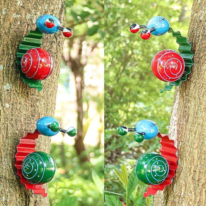 Cruis Cuka Metal Garden Decor Cute Snail Yard Art Outdoor Lawn Patio Ornament Fence Decorations for Outside - Set of 2(Red,Green)