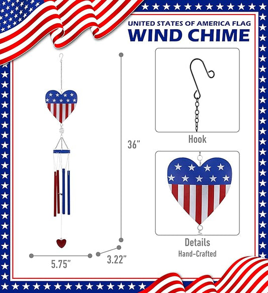 CoTa Global USA Flag Heart Wind Chime - American Flag Patriotic Indoor or Outdoor Windchime Home Decor with Hanging Bells, Handcrafted Glass and Metal Wind Chimes for Yard, Garden, Porch – 36 Inches