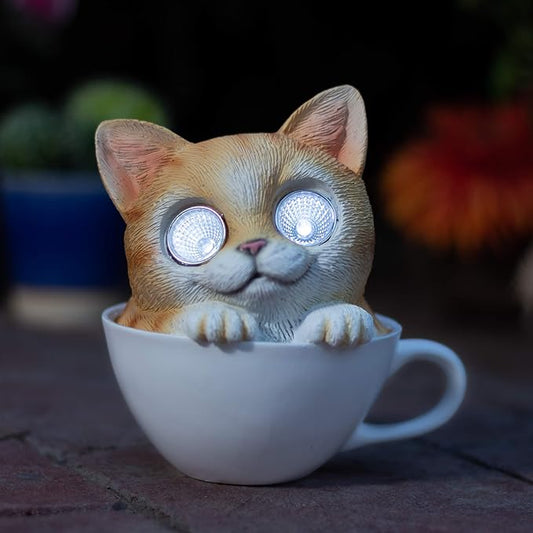 Blazin Cat in Cup Solar Garden Decorations Figurine | Outdoor LED Decor Figure | Light Up Decorative Statue Accents for Yard, Patio, Lawn, or Deck | Great Housewarming Gift Idea (Brown, 1 Pack)