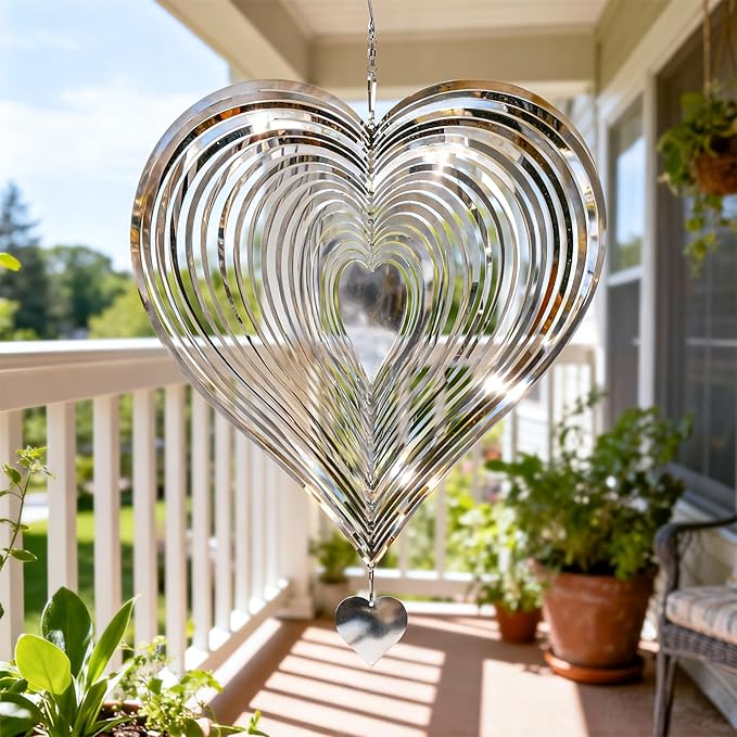 Wind Spinner Garden Decor, for Women, Gifts for Grandma and Mom, 3D Heart 12-Inch Stainless Steel Hanging Yard Spinner for Outdoor & Indoor Metal Decoration, 2 Pack