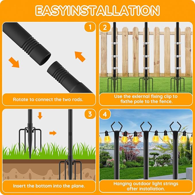 AHRLHR 4 Pack String Light Poles, Outdoor String Light Pole 10ft Forked Metal Light Pole with Adjustable Outdoor Light Stand, Deck, Backyard, Garden, Wedding, Rustproof and Sturdy with Hooks