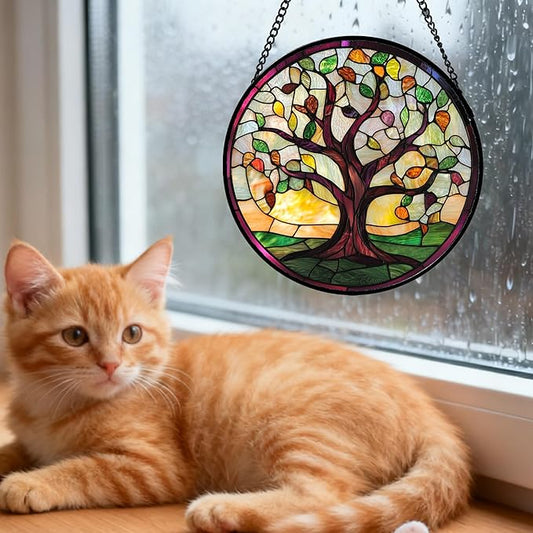 Stained Glass Window Hanging Colorful Tree of Life 6.3" - Green Suncatcher Door Garden Sun Catcher Home Decor Birthday Christmas for Mom Men Woman Nana Wife Friend