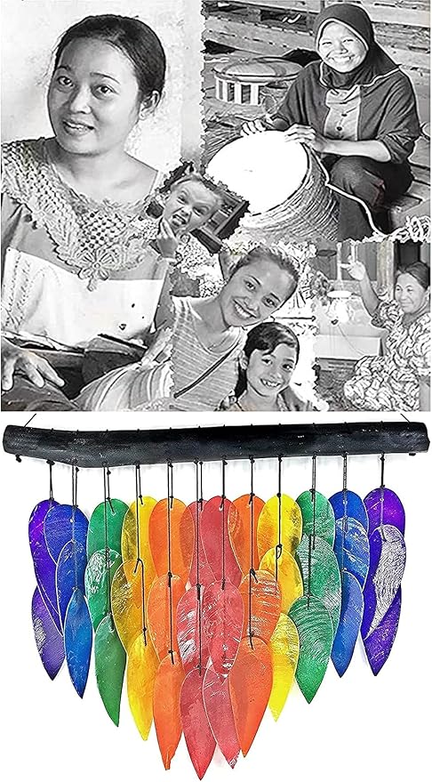 Bellaa Handmade Wind Chimes Outdoor, Capiz Seashell Glass, Gental Musical Windchime Outside Garden Decoration, Beach, Gifts for Mom 24506