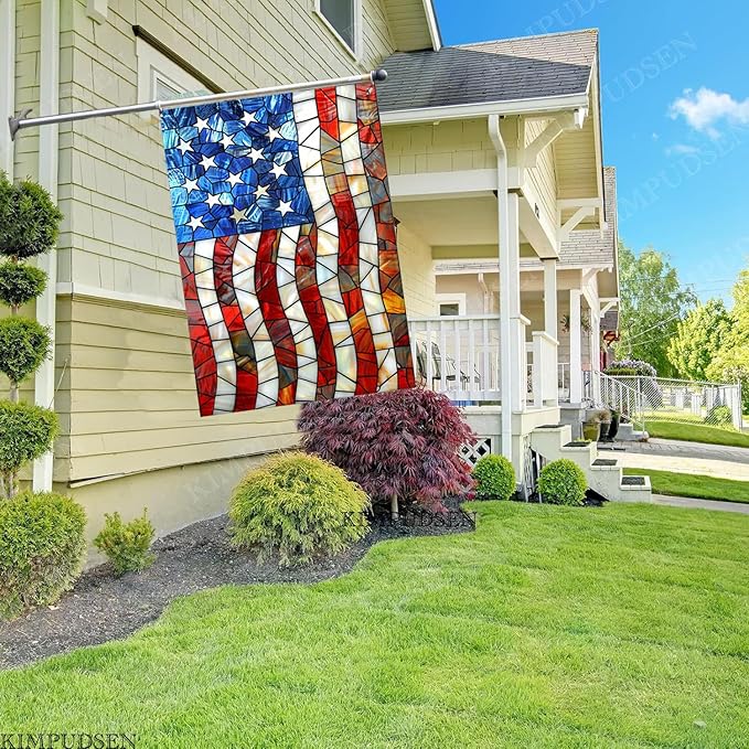 Patriotic House Flag 28x40 Inch Double Sided Stained Glass Large Yard Flag for Outside, Outdoor Burlap Garden Flag Summer Holiday Decorations