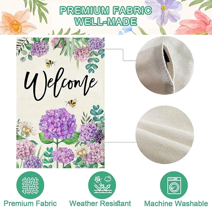 Baccessor Spring Hydrangea House Flag Double Sided 28x40 Inch, Purple Flower Floral Welcome House Flag Burlap Seasonal Farmhouse Yard Outdoor Decoration (Large)