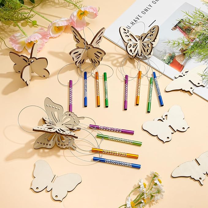 Leinuosen 30 Pcs Butterfly Wind Chime Kit for Kids Make Your Own Butterfly Wind Chimes Decorative DIY Coloring Wooden Crafts for Spring Art Activities Garden Home Patio Party Decorations