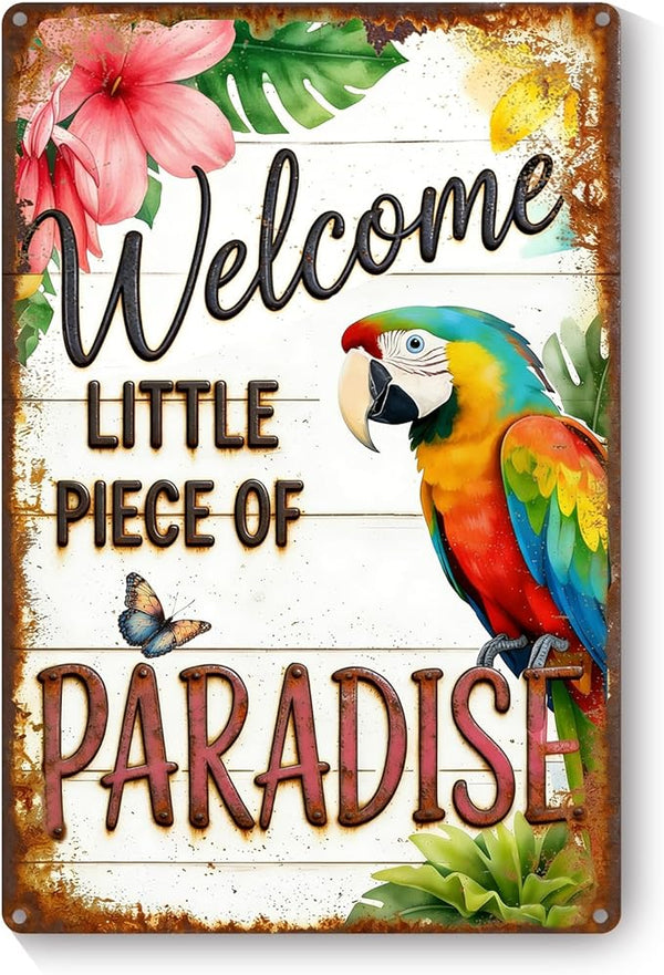 Garden Signs for Outside Welcome to Our Little Piece of Paradise, Funny Metal Signs for Home Garden Patio Yard, Retro Gardening Gifts for Women, Wall Decor 12" x 8"