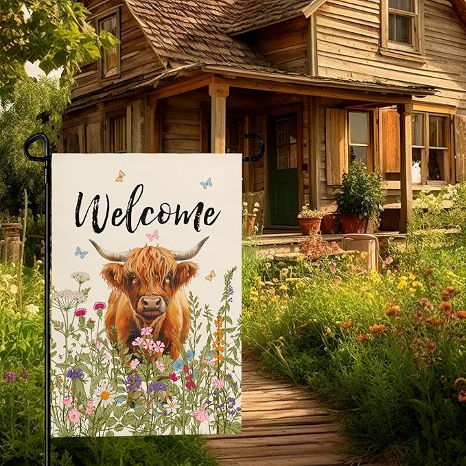 Welcome Spring Highland Cow Garden Flag Highland Cow with Flowers Burlap Yard Flag Seasonal Summer Bull Butterfly House Banner for Farmhouse Rustic Holiday Outdoor Decor 12x18 Inch