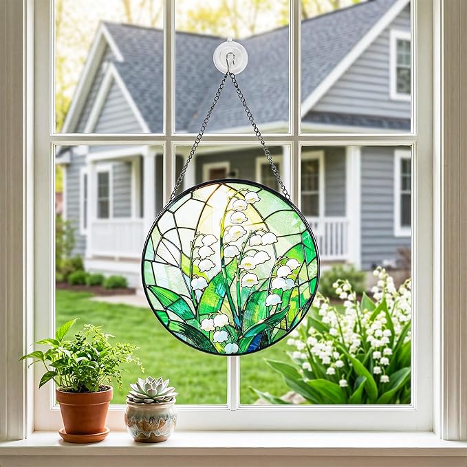 Stained Glass Window Hanging, Lily of the Valley Suncatcher 7.8 in Sun Catcher Boho Wall Art Decor with Chain Diamond Glass Panel Hangings Scenery Sun Catchers Decor for Lover Couple Mom