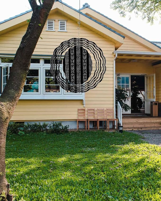 Tribal Boho Geometric Stripes Round Wind Spinner 8", 3D Stainless Steel Wind Spinners for Yard and Garden Black Indoor Outdoor Metal Hanging Craft Ornaments for Porch Lawn Home Party Decoration