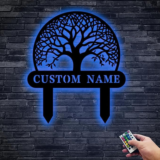 Custom Family Name Metal Garden Plaque,Personalized Tree Pattern Yard Marker,Weatherproof Outdoor Lawn Sign with Custom Name,Housewarming Garden Gift
