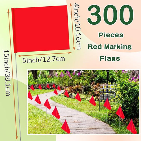 Amylove 300 Pcs Marking Flags 15 x 4 x 5 Inch Marker Flags for Lawn Yard Survey for Lawn Irrigation Landscape Fence Sprinkler Pet Training(Red)