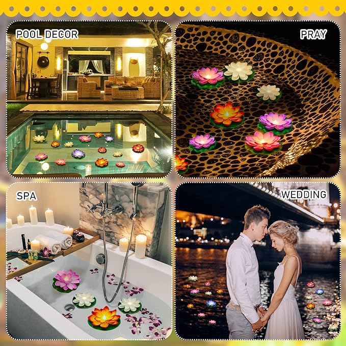 Hortsun 18 Pcs Floating Lotus Lights with Batteries Lily Pads Pool Flowers Floating Candles Decor Artificial Pond Plants Decorations for Pool Pond Outdoor Indoor (Multicolor,3.94/5.91 Inch)