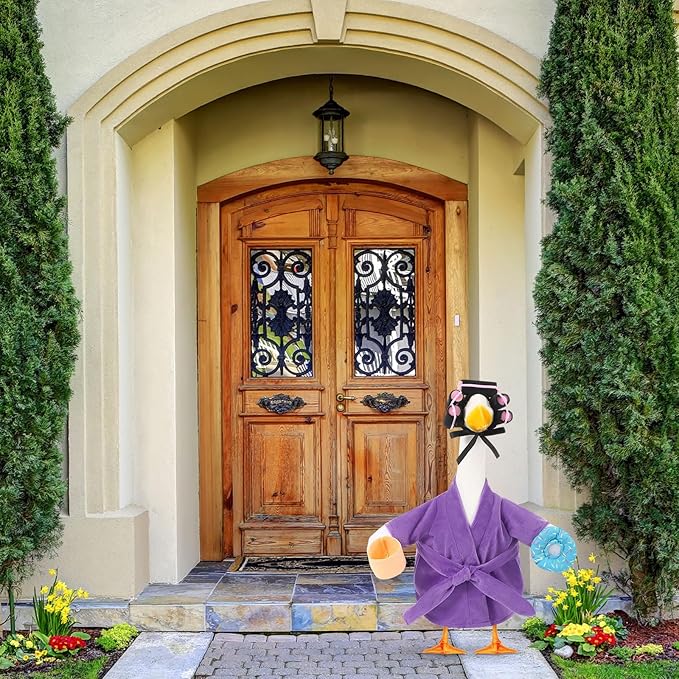 Shyyween Lady Porch Goose Outfit for 17'' Cement Plastic Lawn Goose Statue Clothes Purple Bathrobe Coffee Cup Curlers for Outdoor Garden Yard Patio Decoration