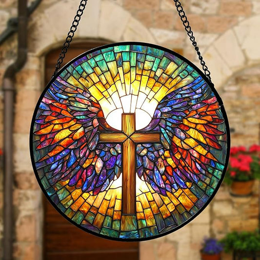 DASTOLL Stained Glass Window Hanging - Jesus Cross Wings Suncatcher Ready to Hang Window Doors Home Decoration and Christmas, Mother's Day Birthday Gifts for Women, Men, and Mom 9.8x9.8 in