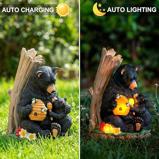 Candieslife Solar Bear Garden Statue with Glowing Beehive & Cub - Outdoor LED Figurine Decor for Patio, Lawn, Yard Art - Unique Mother's Day Housewarming Gift for Women, Mom, Grandma
