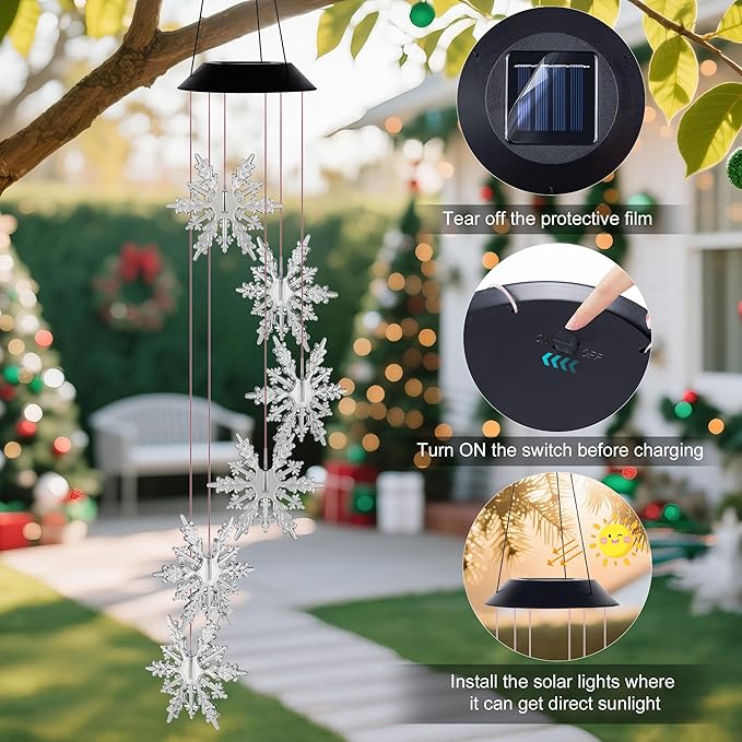 Snowflake Wind Chime,Christmas Solar Wind Chimes for Outside,Waterproof Hanging Solar Lights 6 Color Changing LED Light Windchime Outdoor Decor Gift for Holiday Garden Porch Patio Yard Decor