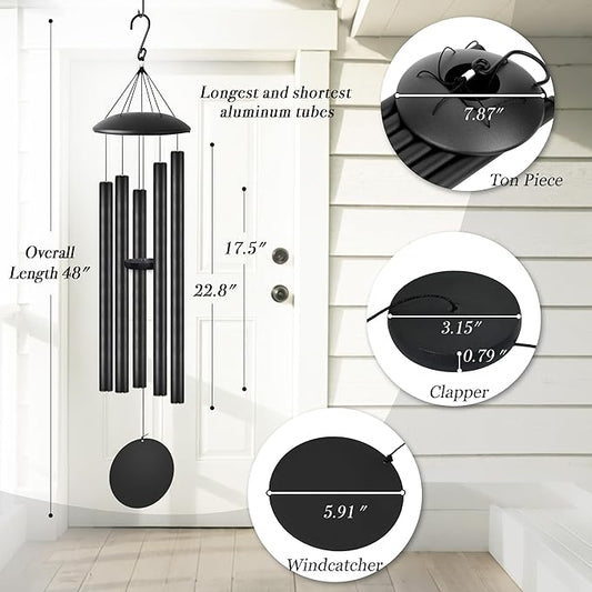 48" Extra Large Wind Chimes with Outside Deep Tone, 5 Thick and Bold Aluminum Tubes, Coolest Metal Windchimes Outdoors with Pine Wood Striker, Unique Gift for Mom, Garden Decoration(Black)