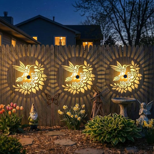 2 Pack Solar Fence Lights Outdoor Wall Lights Metal Solar Powered Deck Step Stair Lights Hummingbird Theme Waterproof Fence Solar Light for Garden Post Patio Yard Decor, Gardening Gifts for Women Mom