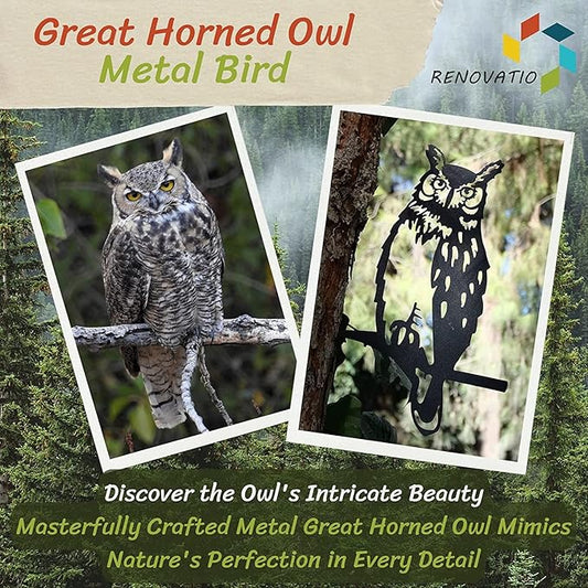 Renovatio Owl Metal Bird Art, Gifts for Dad, Owl Outdoor Decor for Garden, Yard & Patio – Majestic Bird Ornament & Yard Art – Garden Statues, Outdoor Ornaments & Durable Backyard Decor – Black