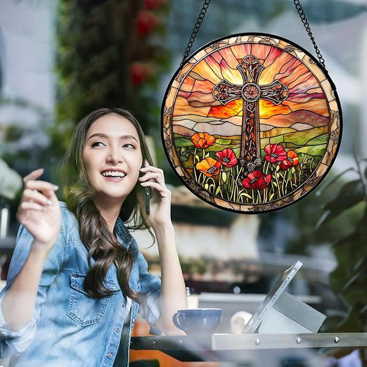 Christian Gifts for Women - Cross Stained Glass Window Hanging Jesus Easter Poppy Sunset Landscape Sun Catcher Garden Religion Decor Mother's Day Catholic Gift for Men Grandma Mom Her 15"