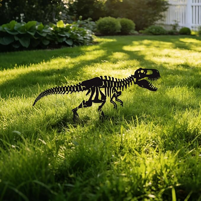 Metal Dinosaur Skeleton Garden Stake – Outdoor Dinosaur Fossil Statue for Yard and Garden Decor, Black Iron Decorative Lawn & Patio Stake