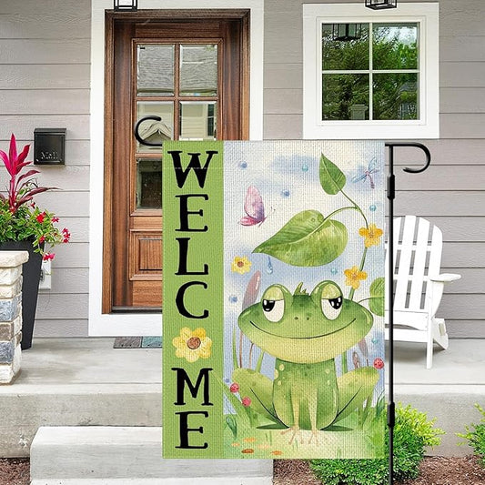 DLZDN Spring Summer Frog Garden Flag 12×18 Inch Double Sided Vertical Burlap Farmhouse Welcome Yard Flag Seasonal Outdoor Decor
