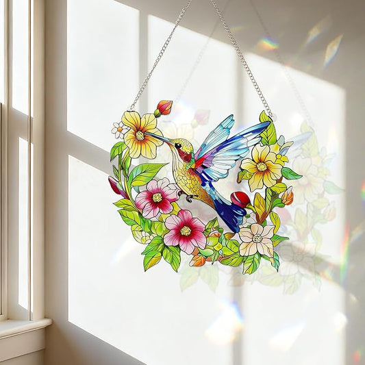 Stained Glass Window Hanging Hummingbird and Flower Suncatcher, Marzovitra 10 Inch Colorful Window Art Bird Sun Catcher for Home Decor, Garden, Patio Gift for Nature and Bird Lovers (Blue Hummingbird)