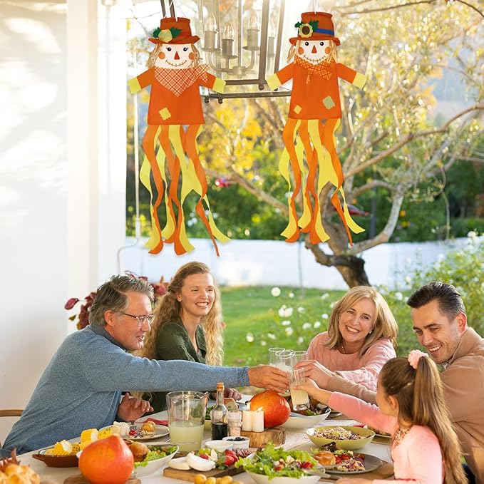 NOVWANG 2 Pcs Fall Scarecrows Windsocks, 40 Inch Outdoor Autumn Wind Sock Thanksgiving Hanging Scarecrow Decorations for Garden Patio Party Home Yard Decor