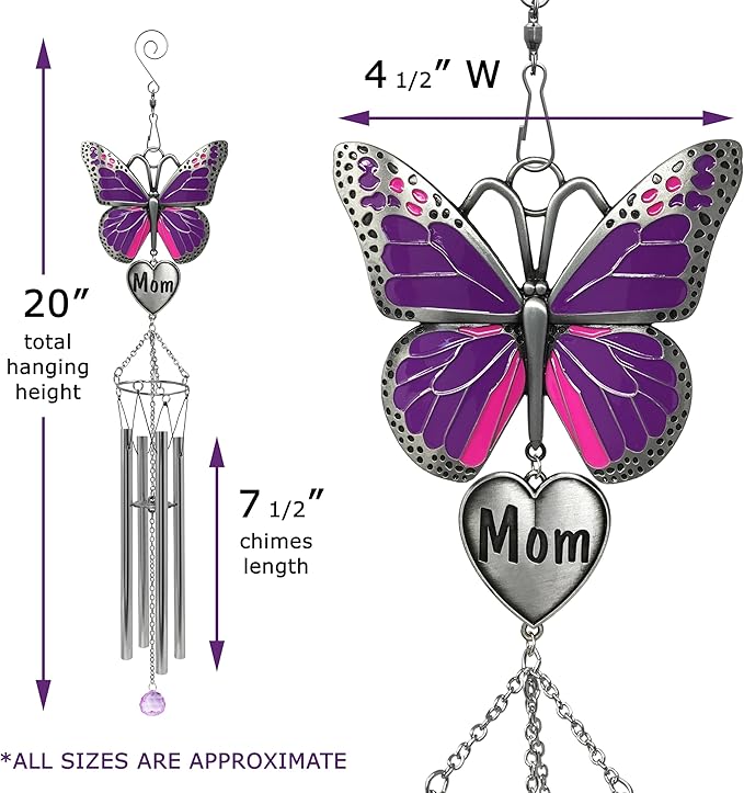 Butterfly Wind Chimes for Mother - Purple Butterfly Windchime with Engraved Mom Heart - Gift for Mom Mother’s Day Birthday Christmas - Spring Patio Garden Hanging Decor - 20 Inch Long