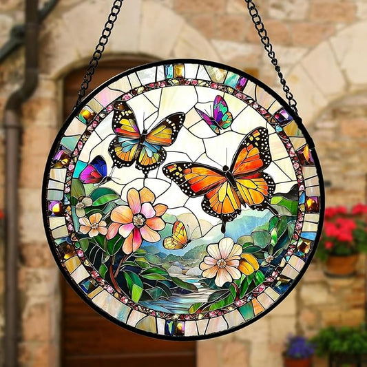 DASTOLL Stained Glass Window Hanging, Butterflies Flying in The Sky Suncatcher for Doors Home Sun Catchers Decoration and Christmas, Mother's Day Birthday Gifts for Women, Men, and Mom 14.9x14.9 in