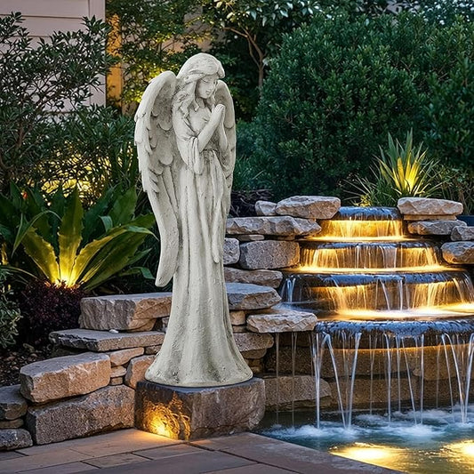 Praying Angel Statue for Outdoor Garden, 26.4 Inch Large Heavenly Memorial Sculpture,Durable MGO Stone Standing Angels for Yard, Patio or Cemetery Decor,Offering Comfort & Peace, Antique White