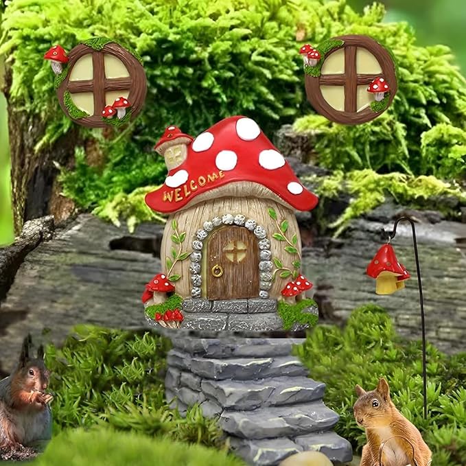 Fairy Garden Decor Fairy Door and Windows for Trees, Glow in The Dark Yard Sculpture Lawn Ornament Mini Garden Art Outdoor Decor Accessories with Lantern (B)