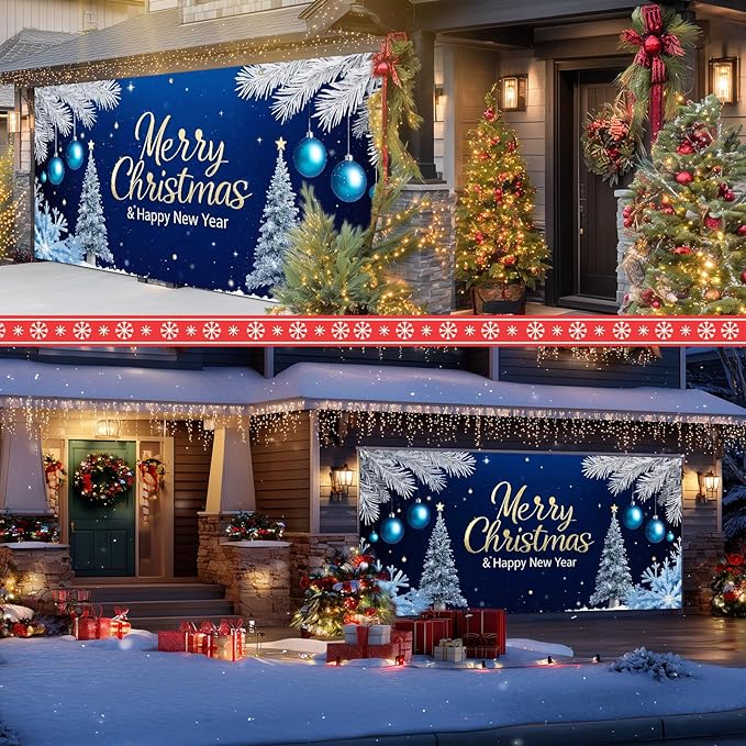 IVN Christmas Garage Door Cover Decoration 13x6ft Snowy Night Trees with Ornaments Blue Holiday Christmas Garage Door Banner Home Door Front Yard Decor for Xmas Eve Holiday Outdoor
