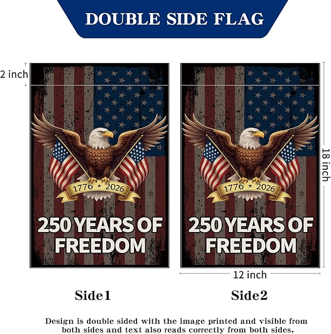 250 Years America Garden Flag, 250th Anniversary USA Banner 4th of July Patriotic Freedom Yard Sign Double-Sided Waterproof 1776-2026 Commemorative Flag 12x18 Inch